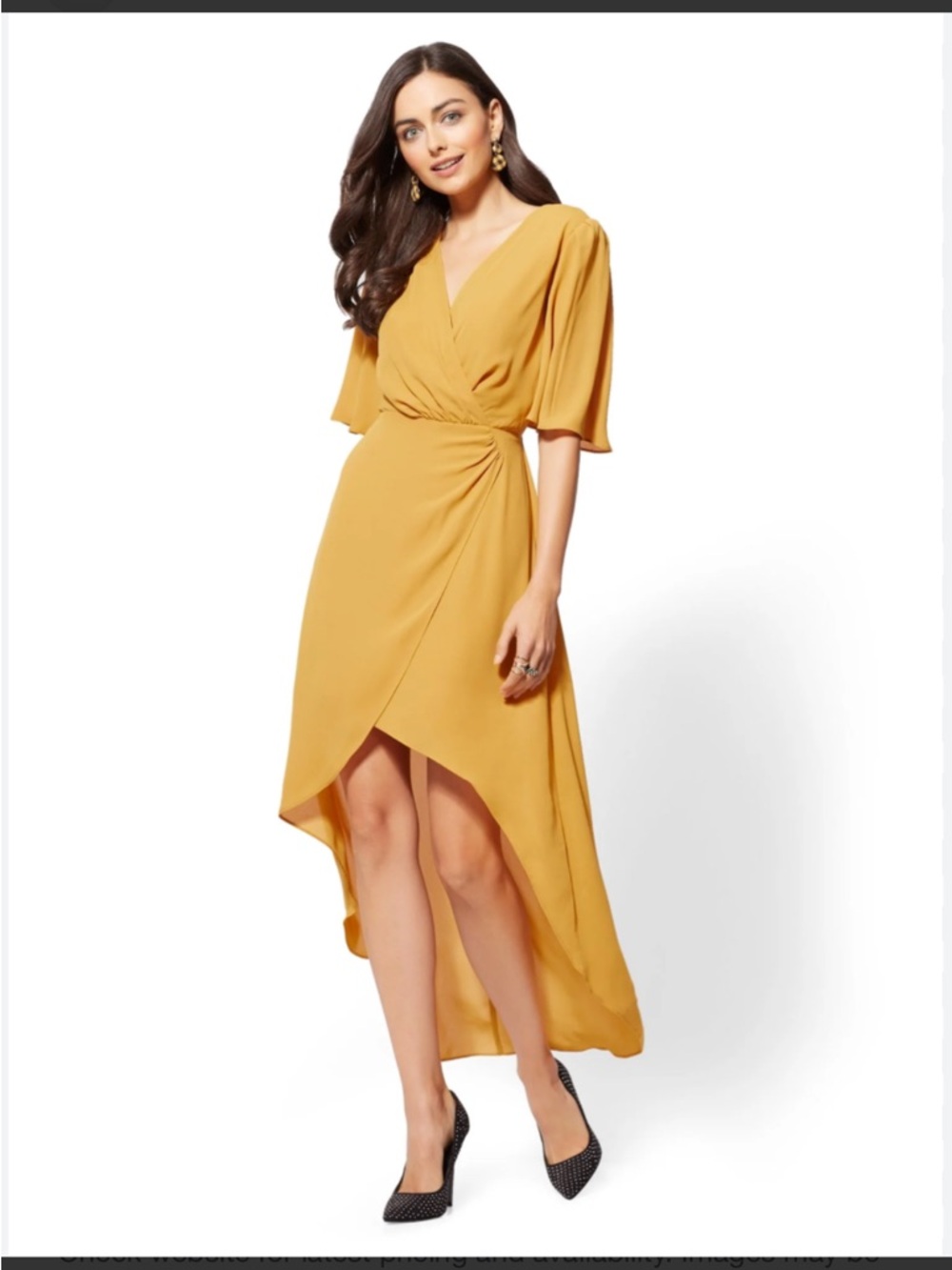 New York & Company Mustard Yellow Wrap-Front High-Low Midi Dress
